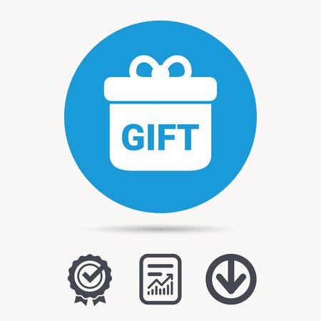 Gift icon. Present box with bow symbol. Achievement check, download and report file signs. Circle button with web icon. Vectorのイラスト素材