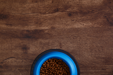 Bowl of dry kibble dog food. Healthy pets feed. Blue plate on wooden rustic background.の写真素材