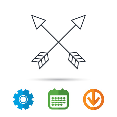 Bow arrows icon. Hunting sport equipment sign. Archer weapon symbol. Calendar, cogwheel and download arrow signs. Colored flat web icons. Vectorのイラスト素材