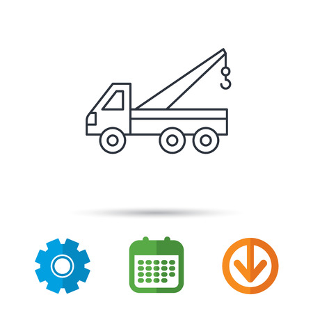 Evacuator icon. Evacuate parking transport sign. Calendar, cogwheel and download arrow signs. Colored flat web icons. Vectorのイラスト素材