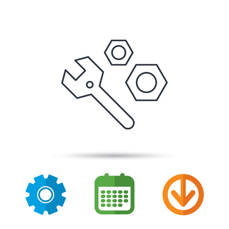 Repair icon. Spanner tool with screw-nut sign. Calendar, cogwheel and download arrow signs. Colored flat web icons. Vectorのイラスト素材