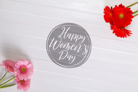 Gerbera flowers on white wood vintage background. 8 march or Valentines day love design. Fresh...