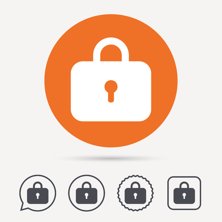Lock icon. Privacy locker sign. Closed access symbol. Circle, speech bubble and star buttons. Flat web icons. Vectorのイラスト素材