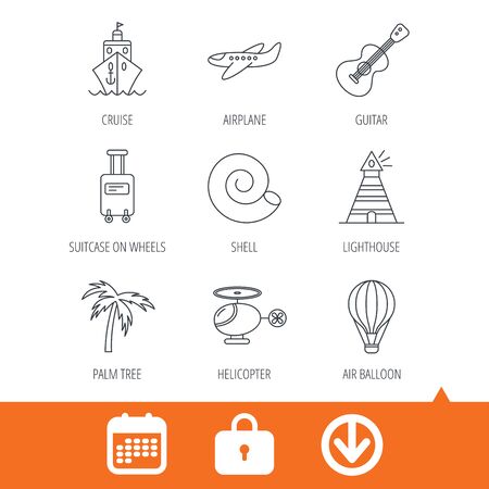 Cruise Airplane And Helicopter Icons Palm Tree Shell And Lighthouse Linear Signs Air Balloon Guitar And Luggage Icons Download Arrow Locker And Calendar Web Icons Vectorのイラスト素材 イメージマート