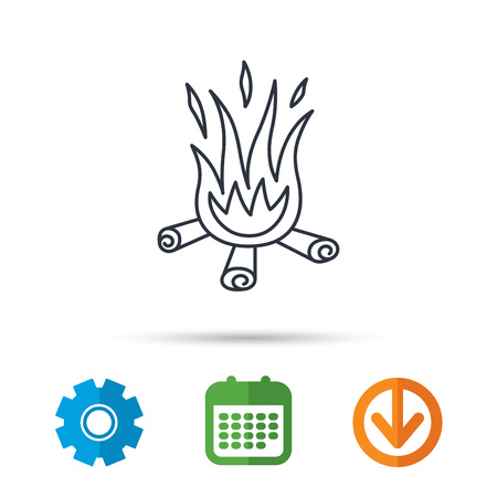 Bonfire icon. Fire sign. Calendar, cogwheel and download arrow signs. Colored flat web icons. Vectorのイラスト素材