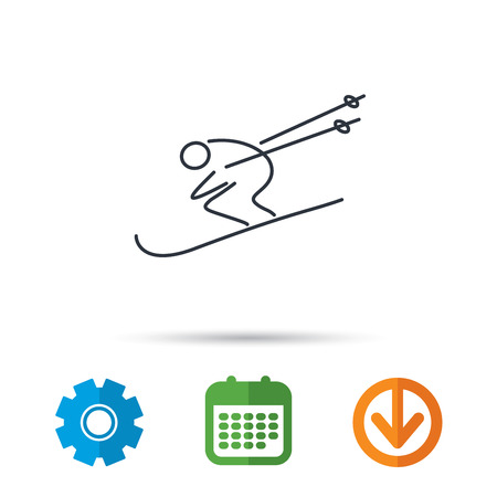 Skiing icon. Skis jumping extreme sport sign. Speed competition symbol. Calendar, cogwheel and download arrow signs. Colored flat web icons. Vectorのイラスト素材