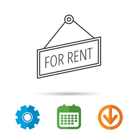 For rent icon. Advertising banner tag sign. Calendar, cogwheel and download arrow signs. Colored flat web icons. Vectorのイラスト素材