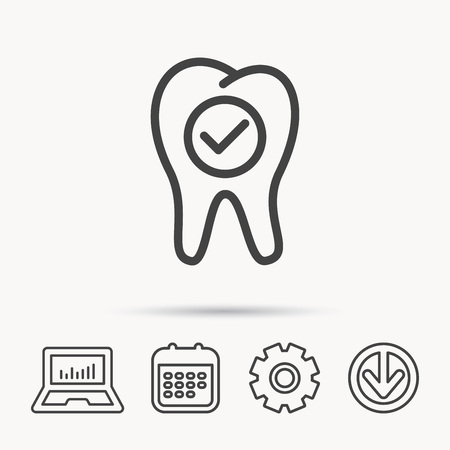 Check tooth icon. Stomatology sign. Dental care symbol. Notebook, Calendar and Cogwheel signs. Download arrow web icon. Vectorのイラスト素材