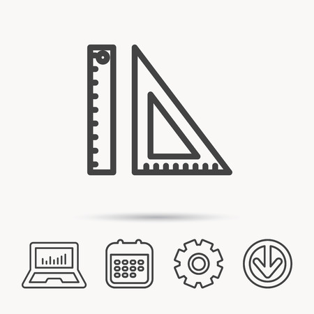 Triangular ruler icon. Geometric school supplies symbol. Notebook, Calendar and Cogwheel signs. Download arrow web icon. Vectorのイラスト素材