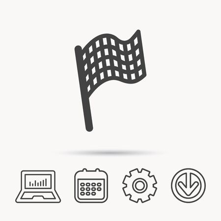 Finish flag icon. Start race sign. Notebook, Calendar and Cogwheel signs. Download arrow web icon. Vectorのイラスト素材