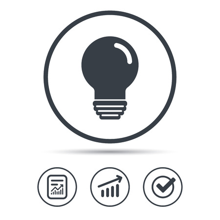 Light bulb icon. Lamp sign. Illumination technology symbol. Report document, Graph chart and Check signs. Circle web buttons. Vectorのイラスト素材