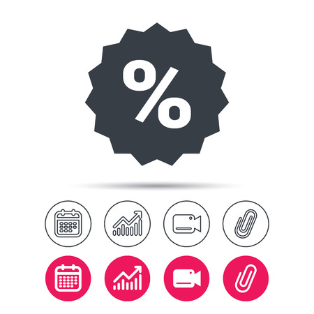 Discount icon. Sale offer star symbol. Statistics chart, calendar and video camera signs. Attachment clip web icons. Vectorのイラスト素材