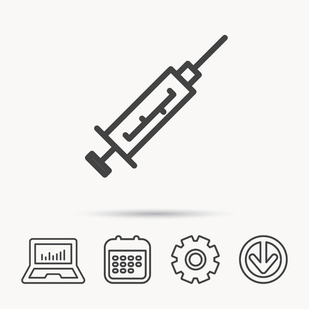 Syringe icon. Injection or vaccine instrument sign. Laboratory analyze symbol. Notebook, Calendar and Cogwheel signs. Download arrow web icon. Vectorのイラスト素材