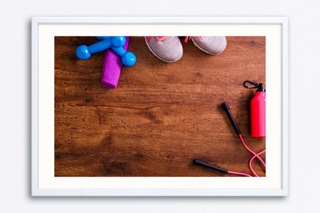 Fitness gym equipment. Sneakers, dumbbells with towel and skipping rope. Workout footwear and drink....
