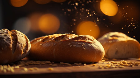 Homemade baked baguette bread on kitchen table. Freshly breakfast bakery food. Generative AI artの素材