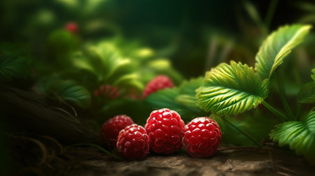 Raspberry on the soil. Organic farming sweet berry. Garden growing fruit. Generative AI artの素材