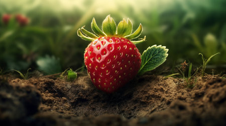 Strawberry on the soil. Organic farming sweet berry. Garden growing fruit. Generative AI artの素材