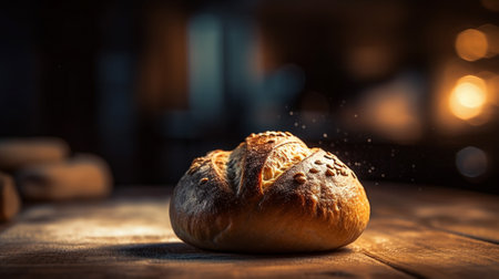 Homemade baked bread on kitchen table. Freshly breakfast bakery food. Generative AI artの素材