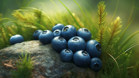 Blueberries on the soil. Organic farming sweet berry. Garden growing blueberry. Generative AI artの素材