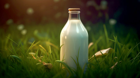 Bottle of fresh milk in a green grass background. Organic dairy product. Generative AI artの素材