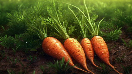 Organic ripe carrots on the soil. Organic farming plant. Garden growing vegetable. Generative AI artの素材