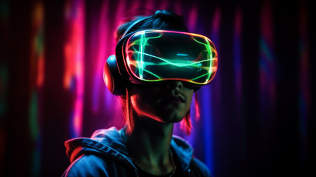 Person adjusting the VR headset. Modern neon light background. Futuristic design. Generative AI artの素材