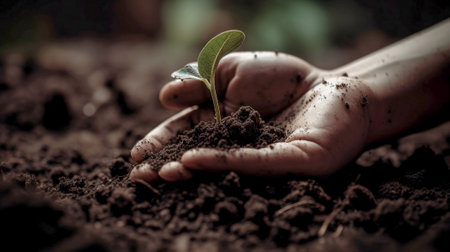 Hand holding small tree for planting. Green world earth day. Soil with a new plant. Generative AI artの素材