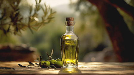 Olive oil on the wooden table. Homemade virgin extra oil bottle. Olive tree on a background. Generative AI artの素材