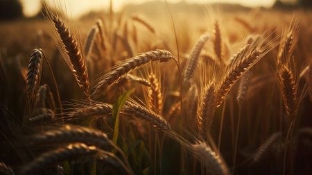 Wheat field in a summer day. Farm harvesting period. Agriculture background. Generative AI artの素材