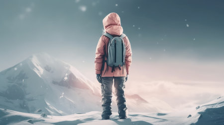 Mountain climber character illustration. Extreme outdoor sport. Traveler looking for adventure. Generative AI artの素材