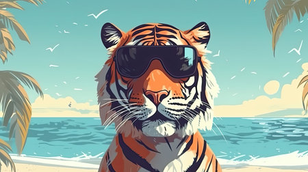 Cartoon tiger with sunglasses. Cute mammal illustration. Animal with soft fur on the beach. Generative AI artの素材