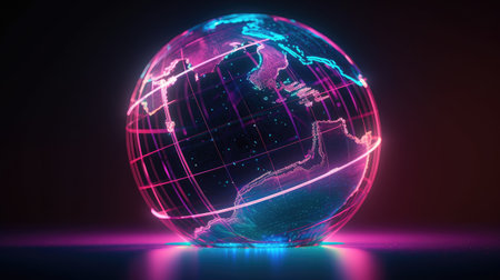 Neon light globe background. Modern lines earth banner. Abstract world glowing curves. Generative AI artの素材