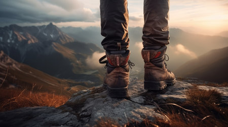 Mountain climber boots background. Extreme outdoor sport shoes. Hiker looking for adventure. Generative AI artの素材