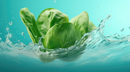 Spinach leaves in water splash flow. Illustration of green spinach with water drops. Natural fresh food. Generative AI artの素材