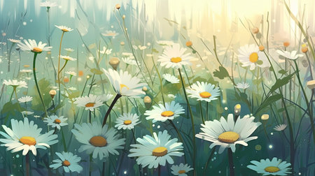 Daisy flowers meadow illustration. Chamomile floral natural background. Generative AI artの素材