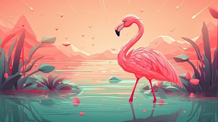 Beautiful flamingo in floral summer background. Illustration with tropical palm leaves. Generative AI artの素材