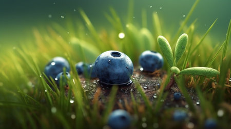 Blueberry on the soil. Organic farming sweet berry. Garden growing blueberries. Generative AI artの素材