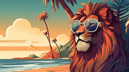 Cartoon lion with sunglasses. Cute mammal illustration. Animal with soft fur on the beach. Generative AI artの素材