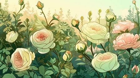 Rose flowers meadow illustration. Floral natural background. Generative AI artの素材