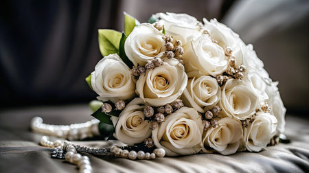 Wedding flowers bridal bouquet. White roses for marriage. Bouquet of beautiful flowers. Generative AI artの素材
