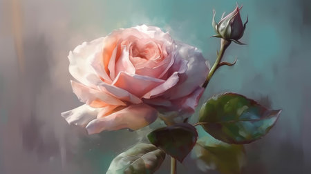 Pink rose flower with leaves. Floral botanical illustration. Houseplant blooming background. Generative AI artの素材