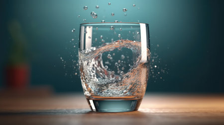 Glass of pure water with splashes and drops. Clean mineral aqua. Healthy natural drink. Generative AI artの素材