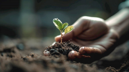 Hand holding small tree for planting. Green world earth day. Soil with a new plant. Generative AI artの素材