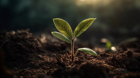 Green plant growing from the soil. Ecology background of seedling. Sprout growing in environmental. Generative AI artの素材