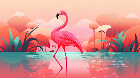 Beautiful flamingo in floral summer background. Illustration with tropical palm leaves. Generative AI artの素材