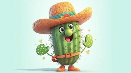 Cartoon cactus character in sombrero. Holiday Cinco de Mayo character. Generative AI illustration artの素材