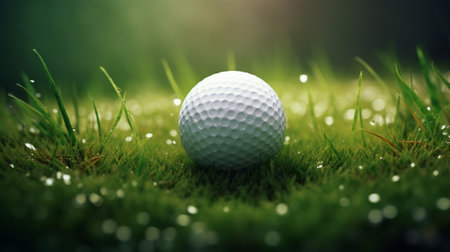 White golf ball on the green grass background. Outdoor sport game illustration. Generative AI artの素材