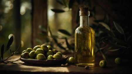 Olive oil on the wooden table. Homemade virgin extra oil bottle. Olive tree on a background. Generative AI artの素材