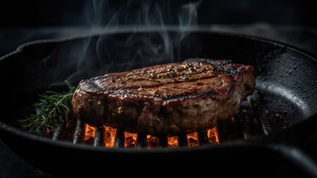 Beef Rib eye steak with herbs spices and rosemarry cooking. Mignon tenderloin meat. Generative AI artの素材