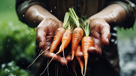 Gardener holding freshly picked carrots from garden. Colorful realistic illustration. Generative AI artの素材